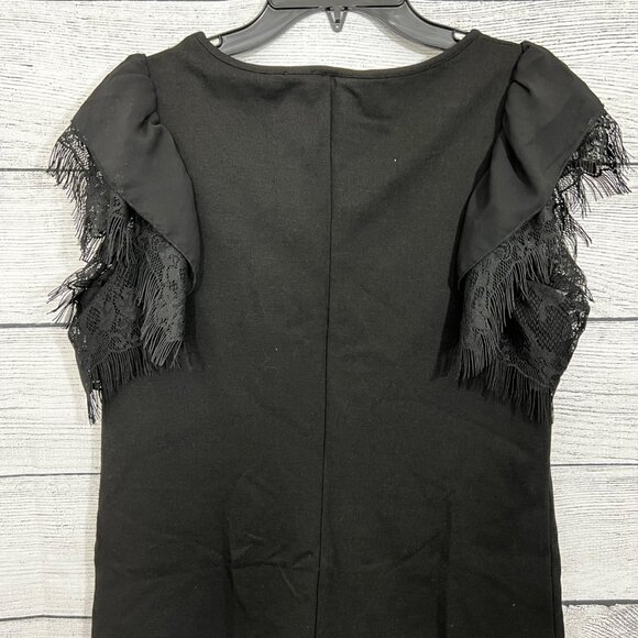 Benetton Black Dress With Lace Fringe Sleeves & Ruffle Detail, Size Medium - Picture 4 of 4